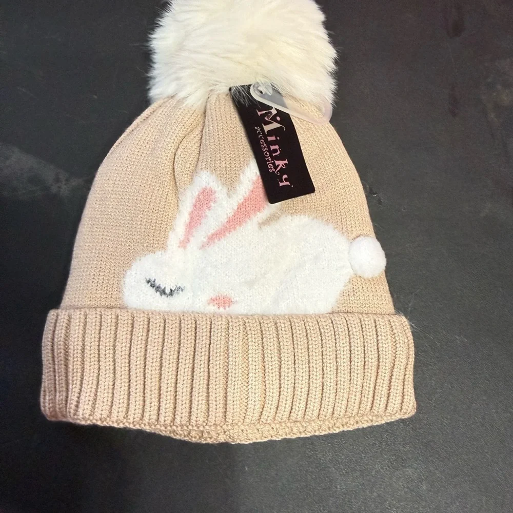 Minky Kids Cream Bunny Pom-Pom Hat